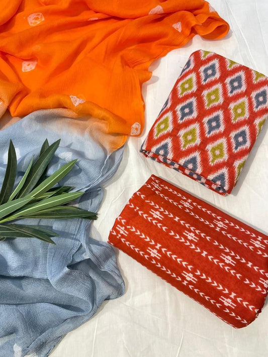 Cotton Suit Set with Pure Chiffon Dupatta and Cotton Bottom | 60×60 Cambric Cotton | House of the Handblock Jaipur