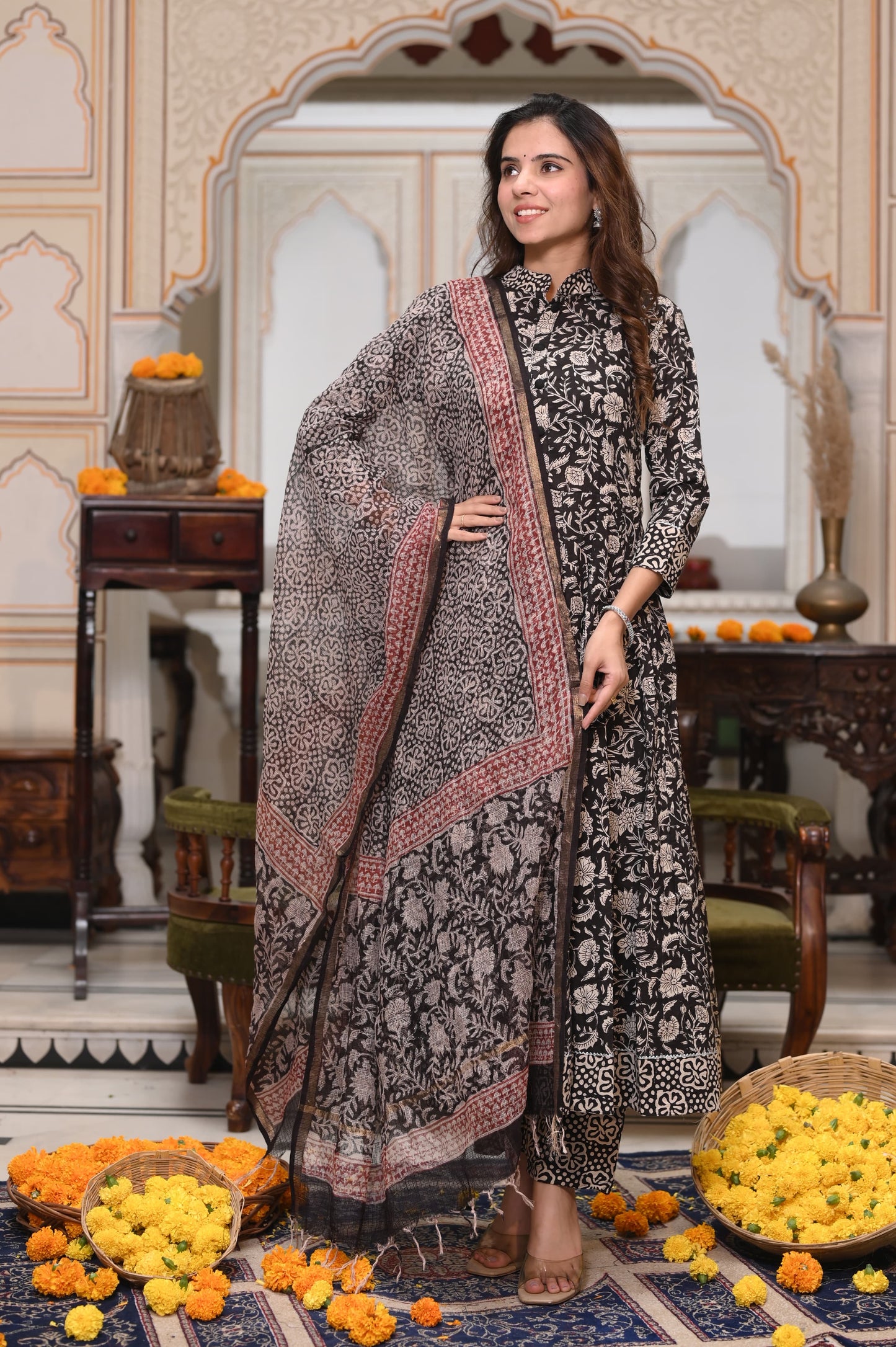 GI Tagged Handblock Printed Pure Cotton long Anarkali 3-Piece Set – Premium Quality 60x60 Fabric