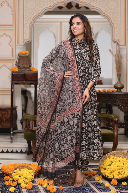 GI Tagged Handblock Printed Pure Cotton long Anarkali 3-Piece Set – Premium Quality 60x60 Fabric
