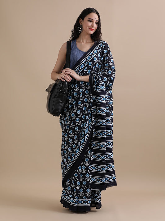Pure Cotton Mul Mul Printed Saree with Blouse | Soft Handblock Style Saree | House of The Handblock