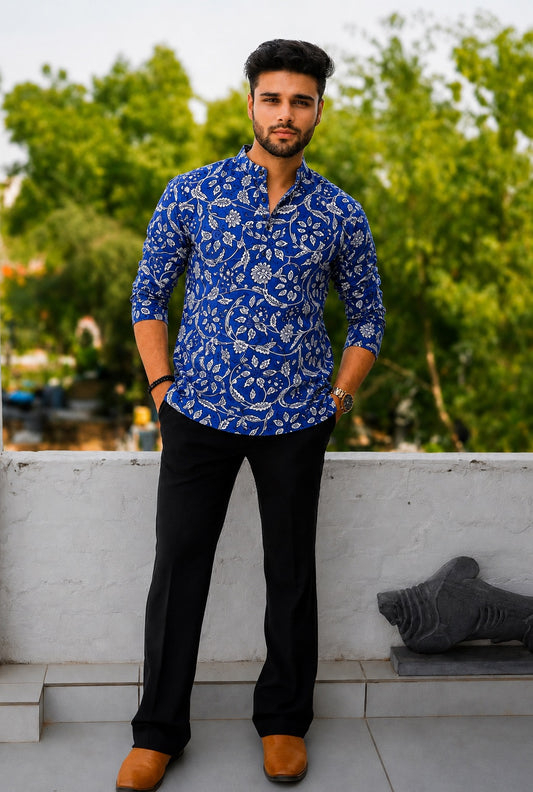 Handblock Printed Cotton Men’s Short Kurta – Premium Fit | Mandrain Collar | XS–8XL
