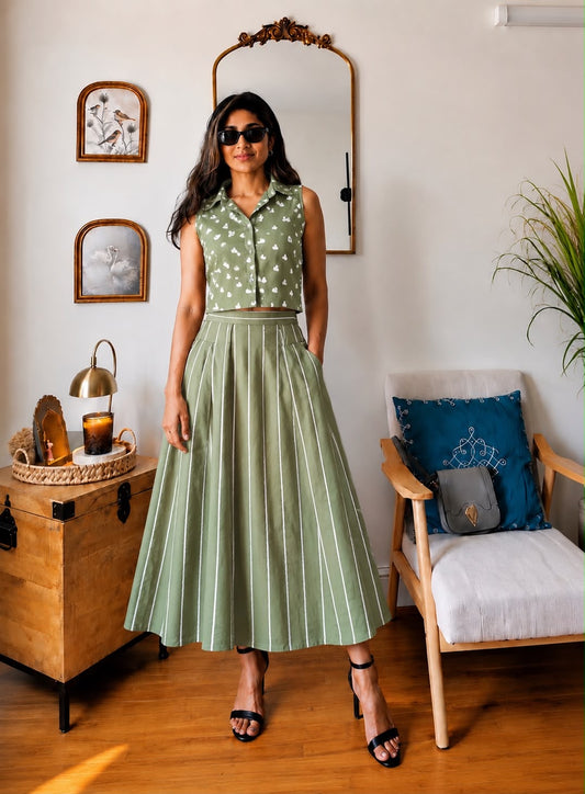 Trending Hand Block Printed Cotton Co-Ord Set | Crop Top with Skirt or Professional Pant | Pure Cotton | Natural Dyes | Customizable | Sizes XS–8XL | House Of The Handblock