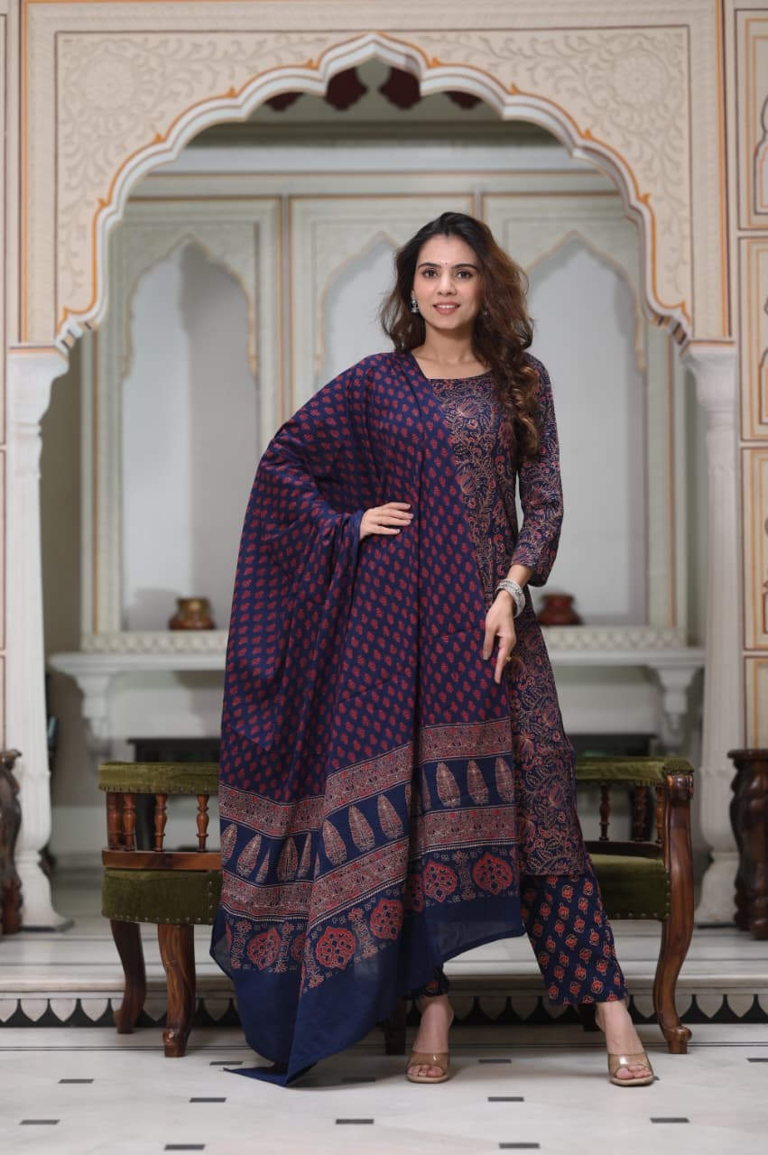 Exclusive Jaipuri Printed Cotton Kurti Set with Printed Plazo & Dupatta | Pure 60×60 Cotton- House Of The Handblock