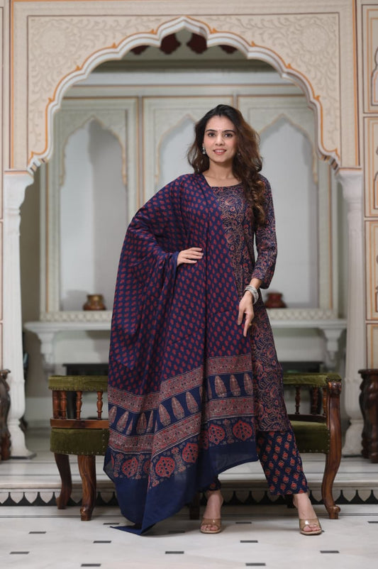 Exclusive Jaipuri Printed Cotton Kurti Set with Printed Plazo & Dupatta | Pure 60×60 Cotton- House Of The Handblock