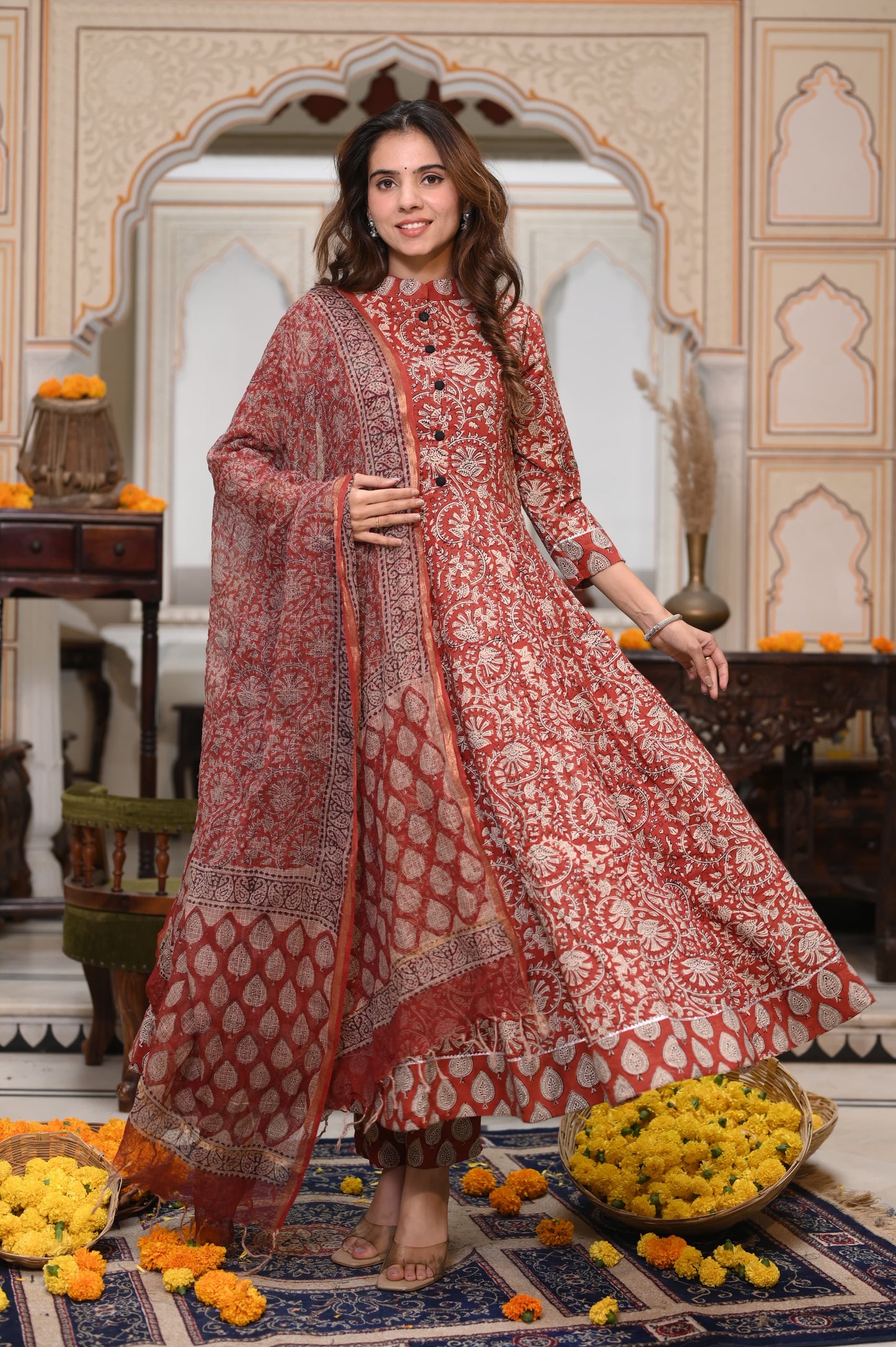 GI Tagged Handblock Printed Pure Cotton long Anarkali 3-Piece Set – Premium Quality 60x60 Fabric
