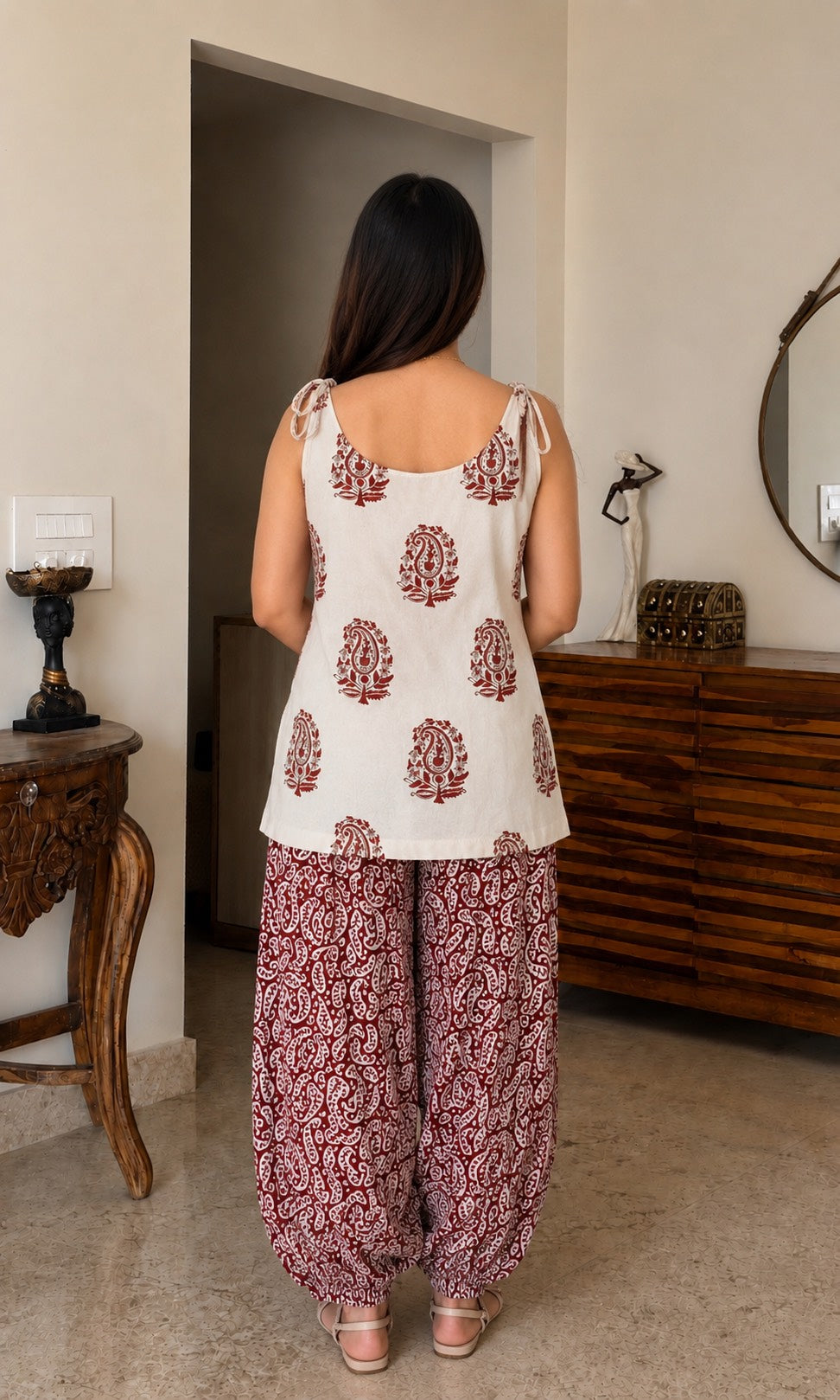 Natural Dyes Handblock Printed Cotton Tie-Up Shoulder Top with Farasi Salwar Set | Trendy Ethnic Co-Ord Set | Sizes XS to 8XL | House Of The Handblock