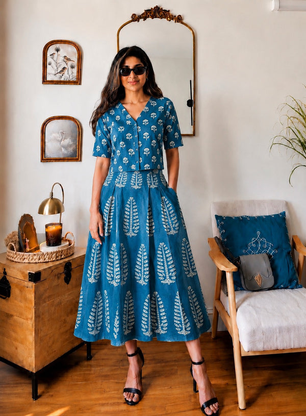 Natural Handblock Printed Cotton V-Neck Short Sleeve Crop Top & Elastic Pocket Skirt Co-Ord Set | XS to 8XL | House Of The Handblock