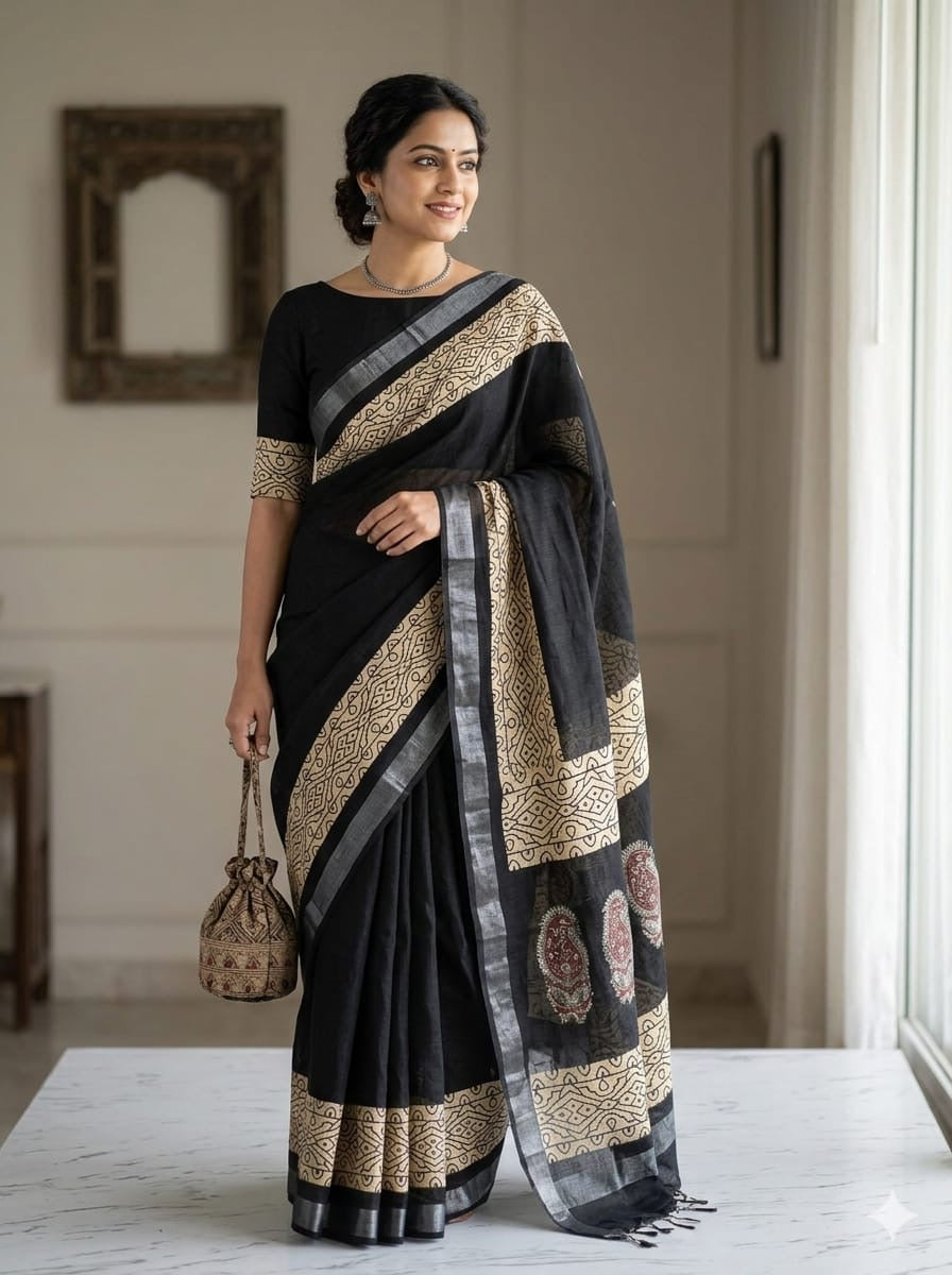 Pure Cotton Linen Hand Block Printed Saree with Blouse | Handcrafted Saree | House of the Handblock Jaipur