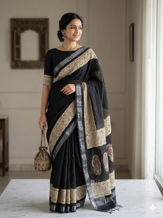 Pure Cotton Linen Hand Block Printed Saree with Blouse | Handcrafted Saree | House of the Handblock Jaipur