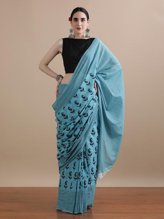 Pure Cotton Mul Mul Printed Saree with Blouse | Soft Handblock Style Saree | House of The Handblock