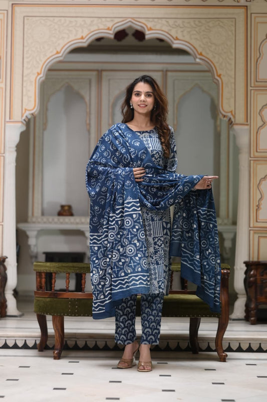 Exclusive Jaipuri Printed Cotton Kurti Set with Printed Plazo & Dupatta | Pure 60×60 Cotton- House Of The Handblock