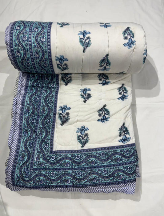 Premium Jaipuri Hand Block Printed Cotton Quilt (Rajai) | Reversible King Size Double Bed Quilt | 90x108 Inches | House Of The Handblock