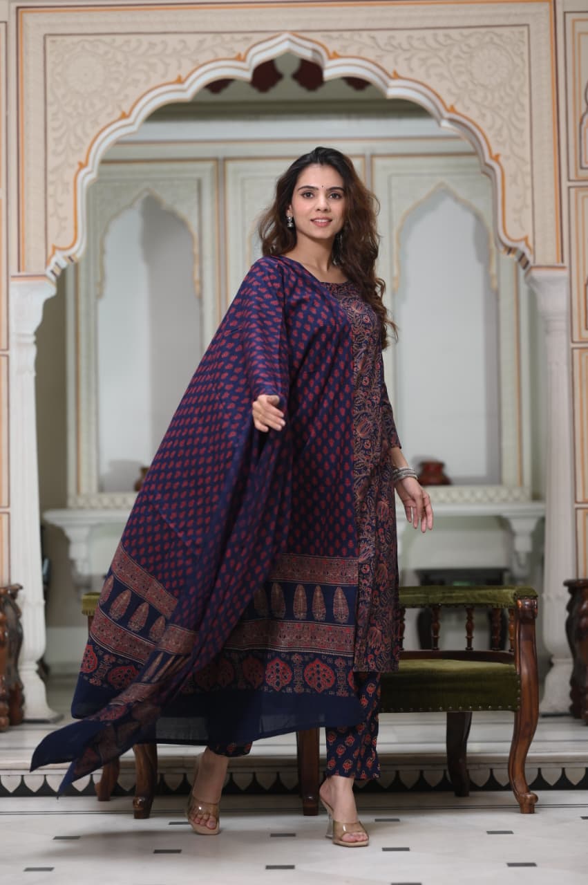 Exclusive Jaipuri Printed Cotton Kurti Set with Printed Plazo & Dupatta | Pure 60×60 Cotton- House Of The Handblock