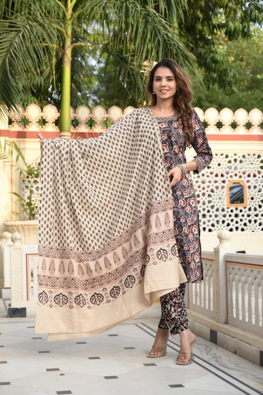 Exclusive Jaipuri Printed Cotton Kurti Set with Printed Plazo & Dupatta | Pure 60×60 Cotton- House Of The Handblock