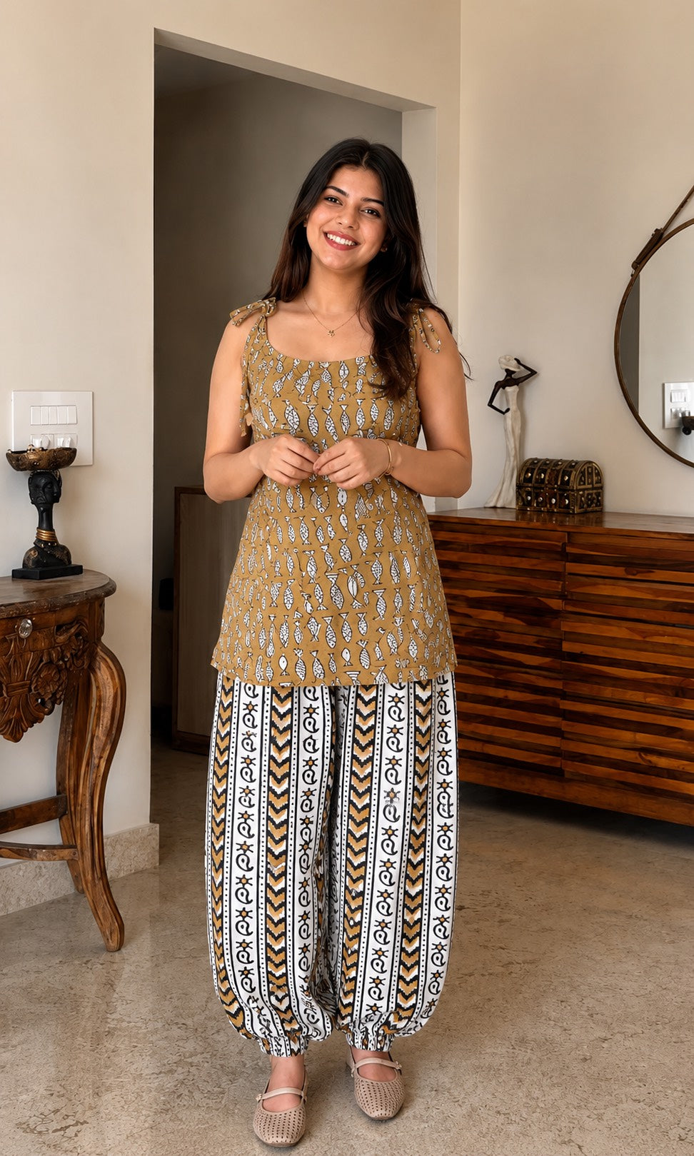 Natural Dyes Handblock Printed Cotton Tie-Up Shoulder Top with Farasi Salwar Set | Trendy Ethnic Co-Ord Set | Sizes XS to 8XL | House Of The Handblock