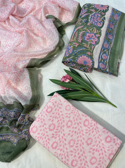 Cotton Suit Set with Pure Chiffon Dupatta and Cotton Bottom | 60×60 Cambric Cotton | House of the Handblock Jaipur