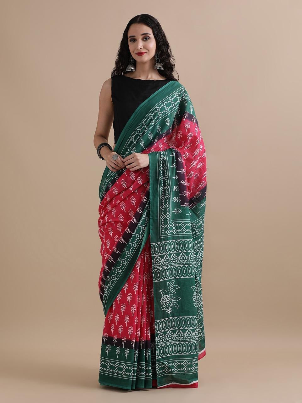 Pure Cotton Mul Mul Printed Saree with Blouse | Soft Handblock Style Saree | House of The Handblock Jaipur