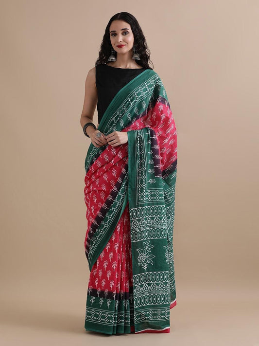 Pure Cotton Mul Mul Printed Saree with Blouse | Soft Handblock Style Saree | House of The Handblock Jaipur