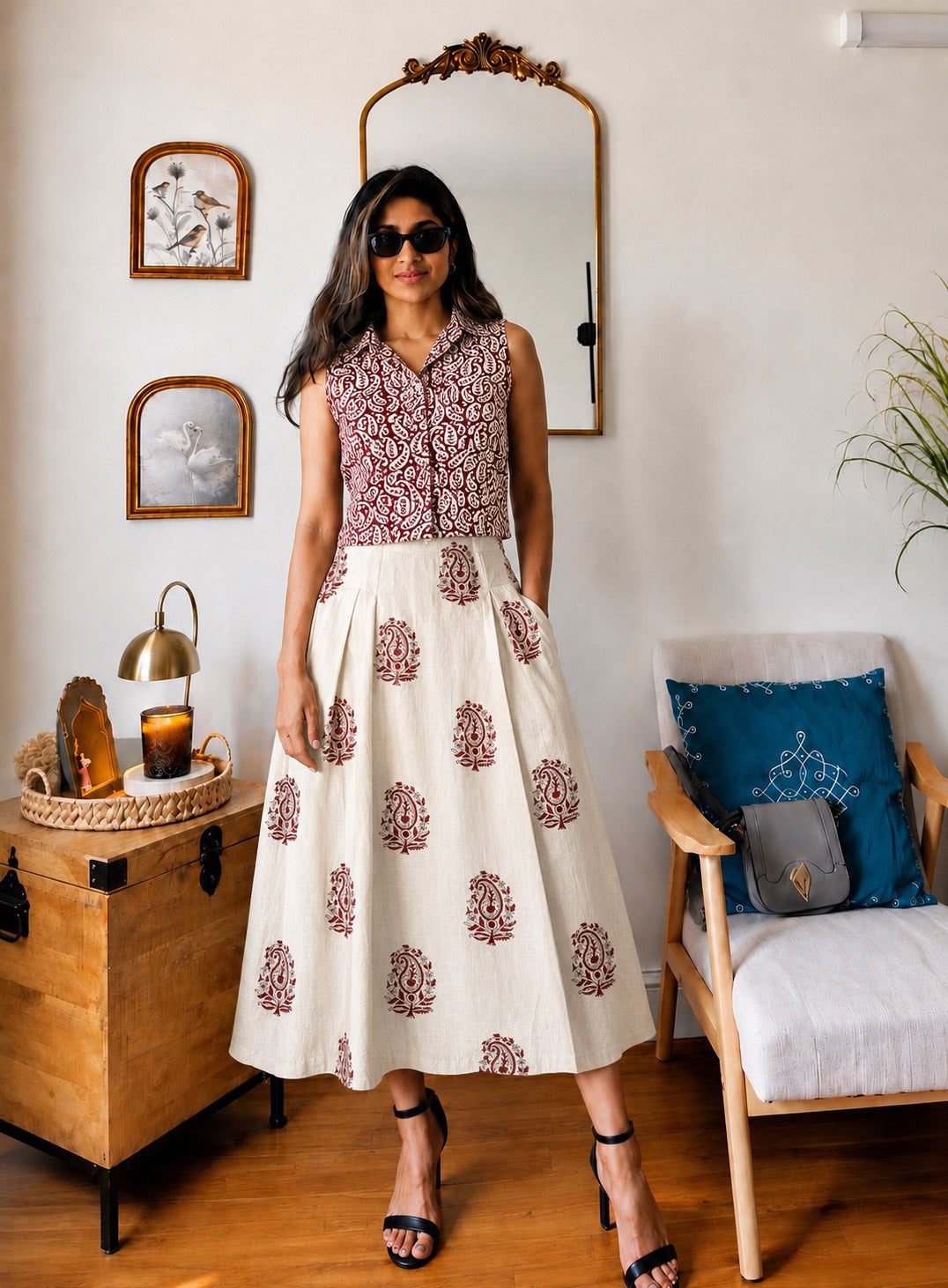 Natural Handblock Printed Cotton Co-Ord Set | Sleeveless Collar Top & Elastic Pocket Skirt | Pure Cotton | XS to 8XL | House Of The Handblock