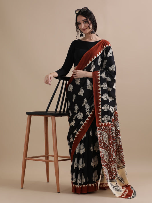 Pure Cotton Mul Mul Printed Saree with Blouse | Soft Handblock Style Saree | House of The Handblock