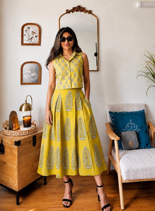 Natural Handblock Printed Cotton Co-Ord Set | Sleeveless Collar Top & Elastic Pocket Skirt | Pure Cotton | XS to 8XL | House Of The Handblock