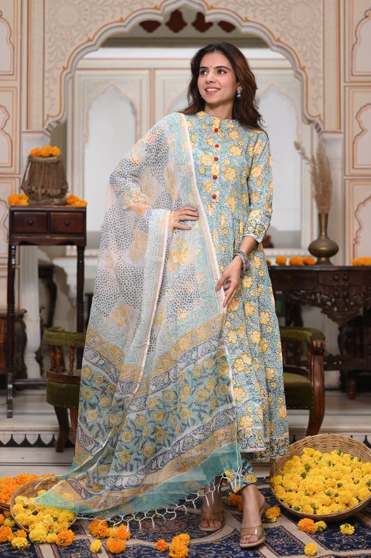 GI Tagged Handblock Printed Pure Cotton long Anarkali 3-Piece Set – Premium Quality 60x60 Fabric