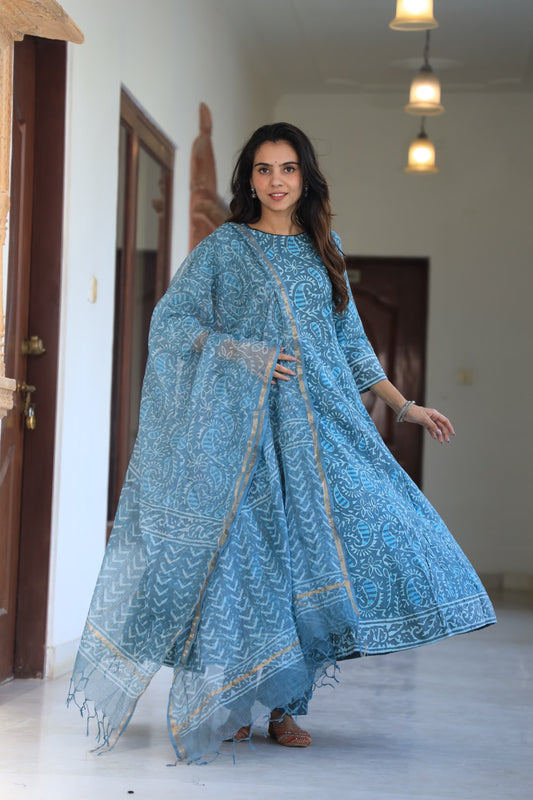 GI Tagged Handblock Printed Pure Cotton long Anarkali 3-Piece Set – Premium Quality 60x60 Fabric