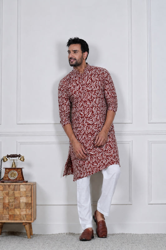 Traditional Bagru Hand Block Printed Men’s Cotton Long Kurta – Pure Cotton | House of the Handblock Jaipur