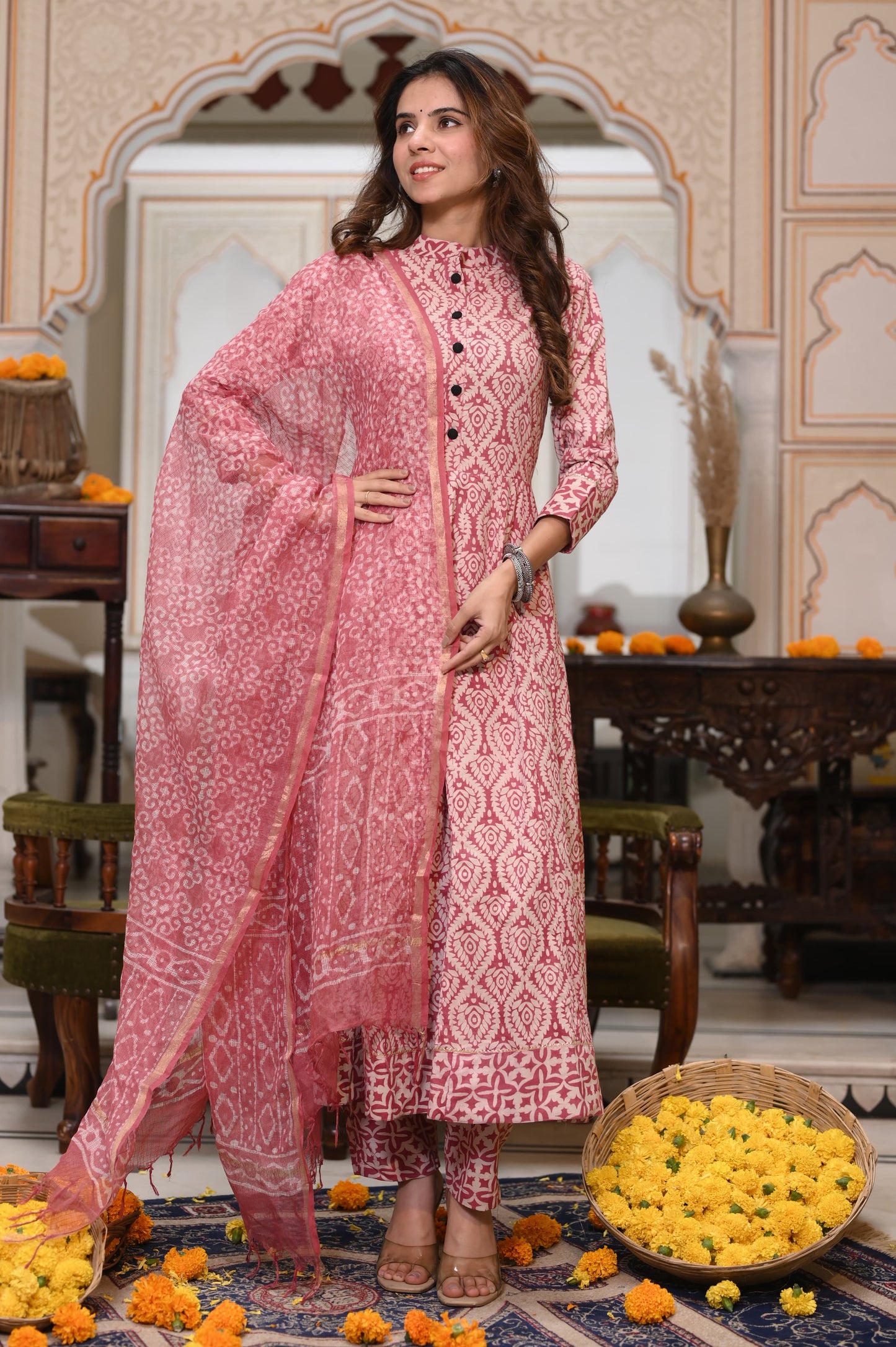 GI Tagged Handblock Printed Pure Cotton long Anarkali 3-Piece Set – Premium Quality 60x60 Fabric