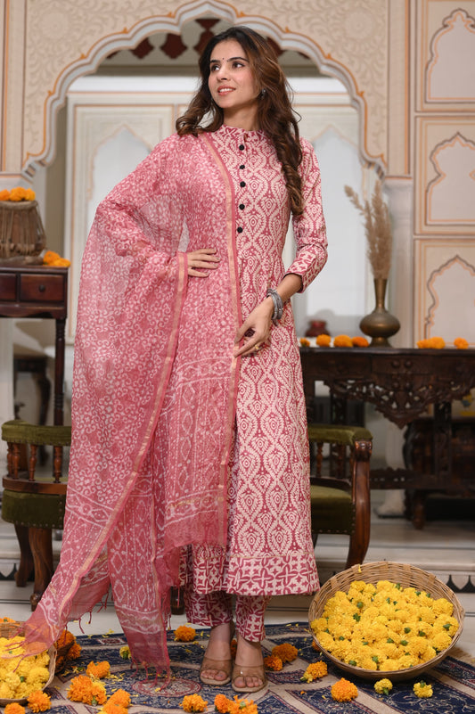 GI Tagged Handblock Printed Pure Cotton long Anarkali 3-Piece Set – Premium Quality 60x60 Fabric