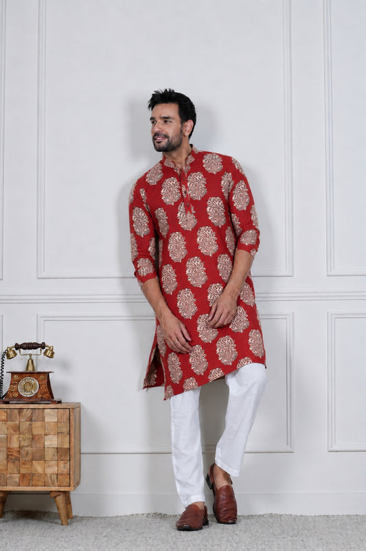Traditional Bagru Hand Block Printed Men’s Cotton Long Kurta – Pure Cotton | House of the Handblock Jaipur