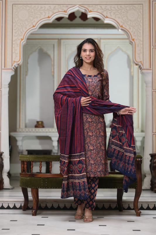 Exclusive Jaipuri Printed Cotton Kurti Set with Printed Plazo & Dupatta | Pure 60×60 Cotton- House Of The Handblock