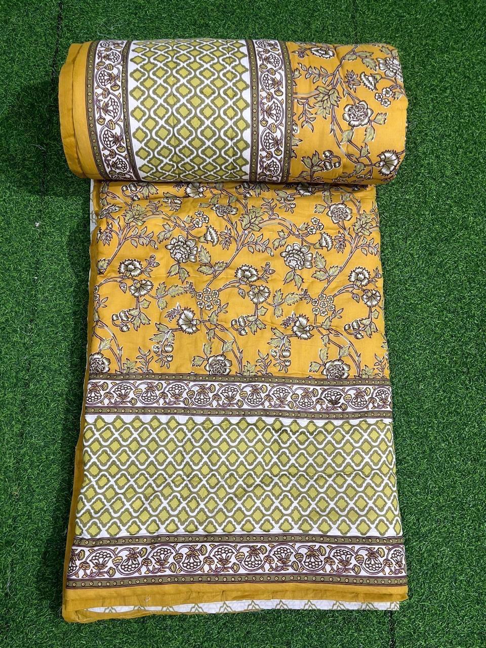 Premium Jaipuri Hand Block Printed Cotton Quilt (Rajai) | Reversible King Size Double Bed Quilt | 90x108 Inches | House Of The Handblock