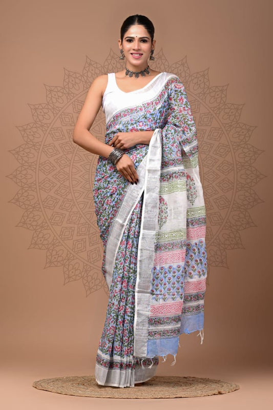 Pure Cotton Linen Hand Block Printed Saree with Blouse | Handcrafted Saree | House of the Handblock Jaipur