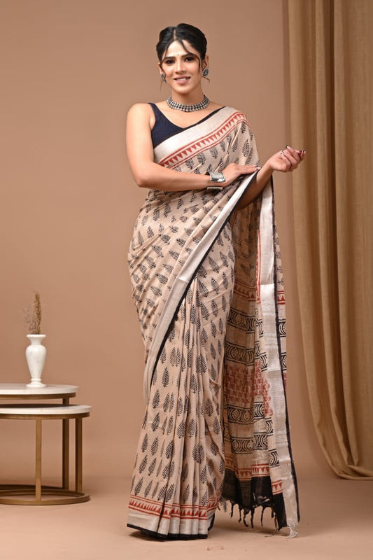 Pure Cotton Linen Hand Block Printed Saree with Blouse | Handcrafted Saree | House of the Handblock Jaipur