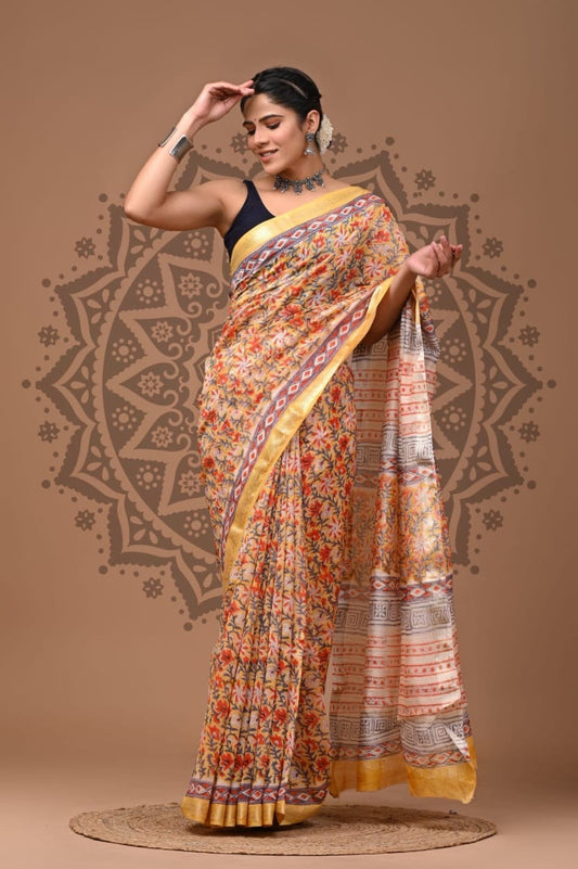 Maheshwari Silk Hand Block Printed Saree – Traditional Rajasthani Handcrafted Saree | House of the Handblock Jaipur