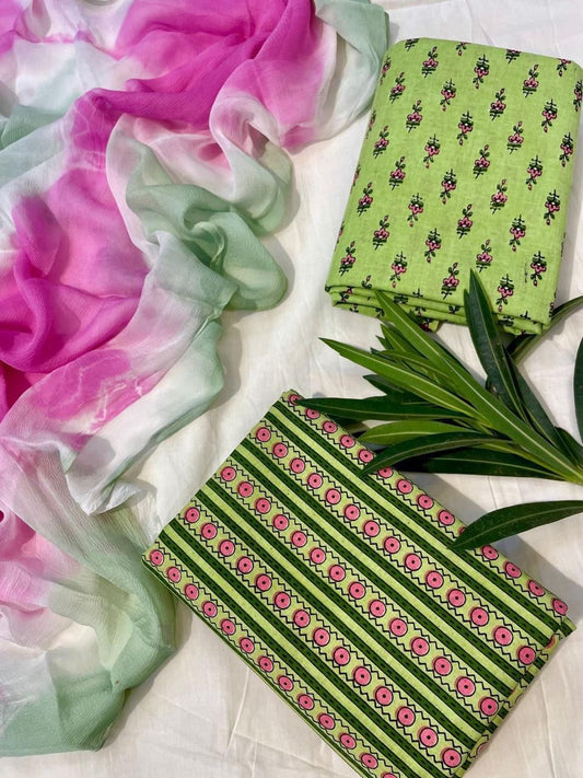 Cotton Suit Set with Pure Chiffon Dupatta and Cotton Bottom | 60×60 Cambric Cotton | House of the Handblock Jaipur