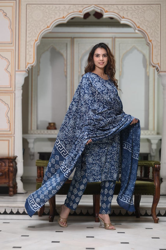 Exclusive Jaipuri Printed Cotton Kurti Set with Printed Plazo & Dupatta | Pure 60×60 Cotton- House Of The Handblock