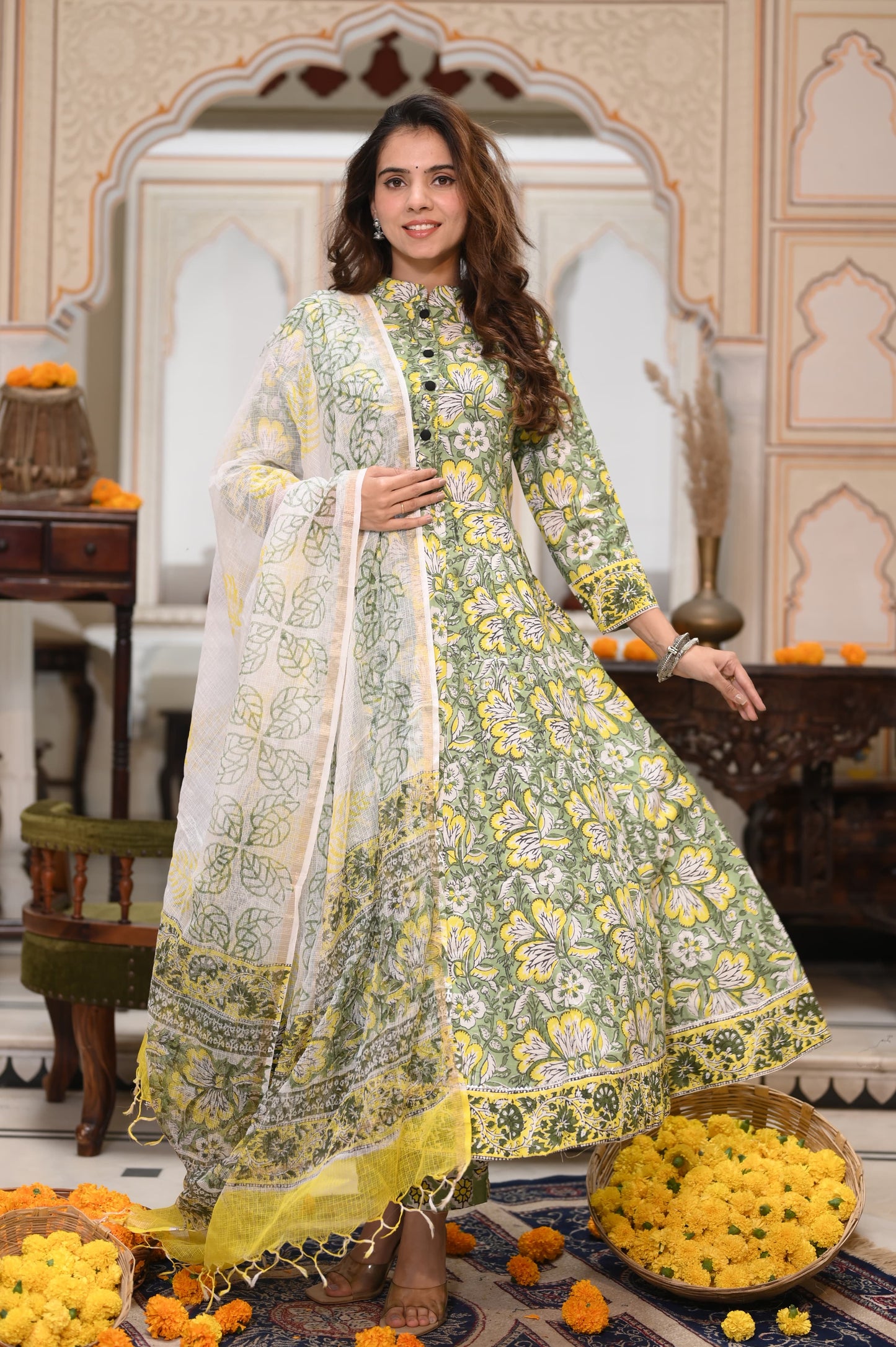GI Tagged Handblock Printed Pure Cotton long Anarkali 3-Piece Set – Premium Quality 60x60 Fabric
