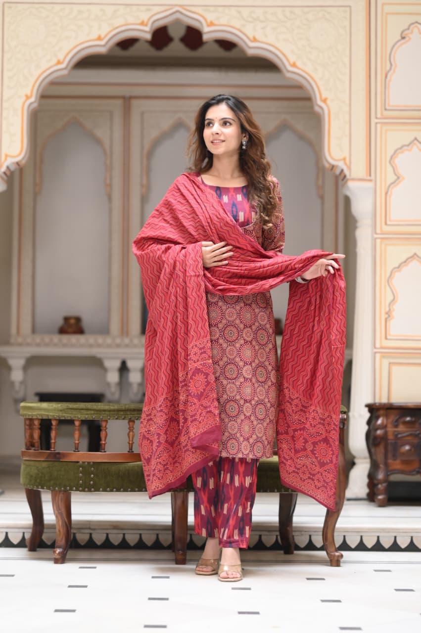Exclusive Jaipuri Printed Cotton Kurti Set with Printed Plazo & Dupatta | Pure 60×60 Cotton- House Of The Handblock