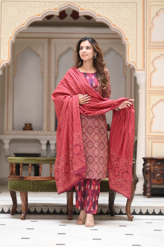 Exclusive Jaipuri Printed Cotton Kurti Set with Printed Plazo & Dupatta | Pure 60×60 Cotton- House Of The Handblock