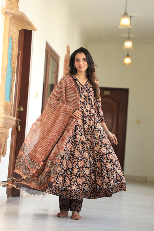 GI Tagged Handblock Printed Pure Cotton long Anarkali 3-Piece Set – Premium Quality 60x60 Fabric