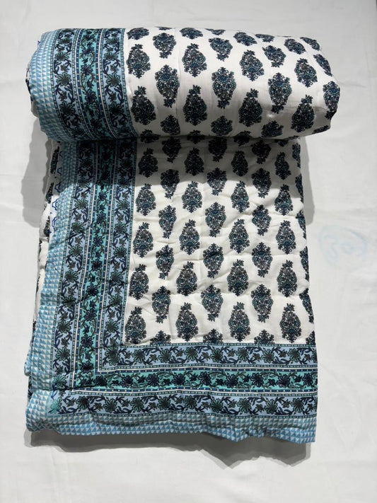 Premium Jaipuri Hand Block Printed Cotton Quilt (Rajai) | Reversible King Size Double Bed Quilt | 90x108 Inches | House Of The Handblock