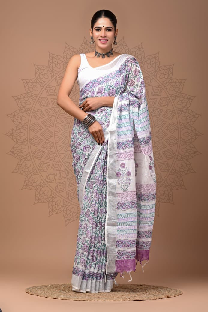 Pure Cotton Linen Hand Block Printed Saree with Blouse | Handcrafted Saree | House of the Handblock Jaipur