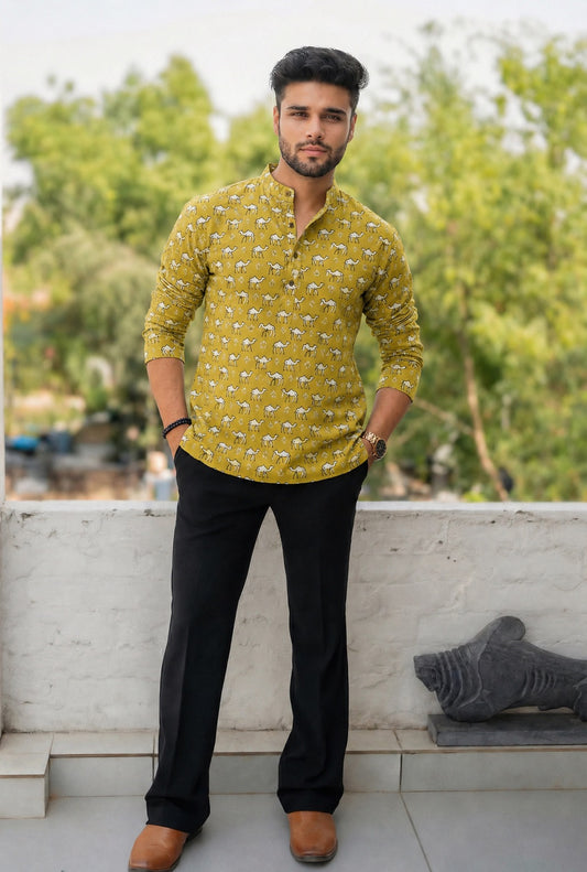 Handblock Printed Cotton Men’s Short Kurta – Premium Fit | Mandrain Collar | XS–8XL