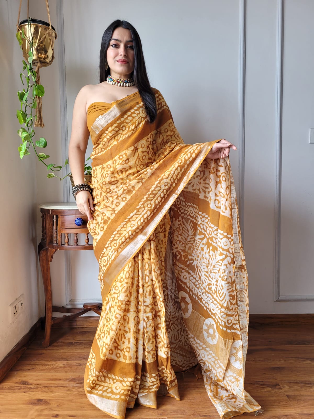 Pure Cotton Linen Hand Block Printed Saree with Blouse | Handcrafted Saree | House of the Handblock Jaipur