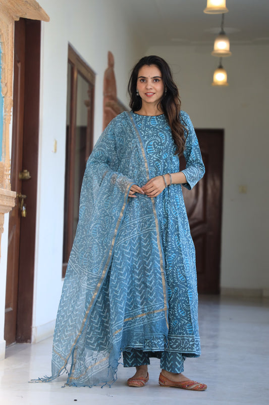 GI Tagged Handblock Printed Pure Cotton long Anarkali 3-Piece Set – Premium Quality 60x60 Fabric