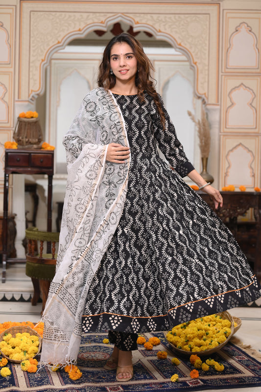GI Tagged Handblock Printed Pure Cotton long Anarkali 3-Piece Set – Premium Quality 60x60 Fabric