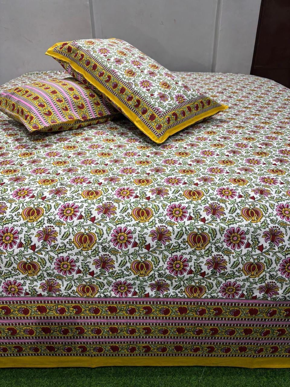 Premium Pure Cotton Super King Size Bedsheet 108×108 with 2 Pillow Covers | Colour Fast South Cotton Bedsheet | House Of The Handblock
