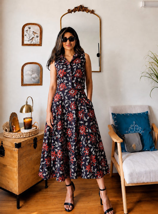 Natural Handblock Printed Cotton Co-Ord Set | Sleeveless Collar Top & Elastic Pocket Skirt | Pure Cotton | XS to 8XL | House Of The Handblock